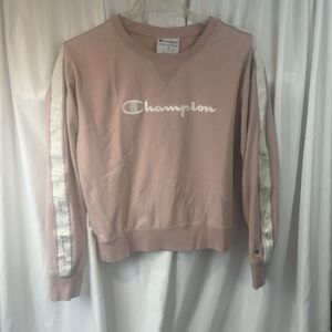 Champion Pink Crewneck Sweatshirt Women’s Medium Logo Tape Sleeves Embroidered